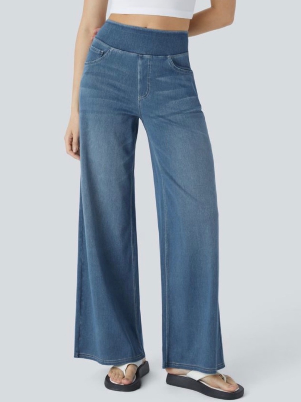 Halara Flex™ High Waisted Pockets Baggy Wide Leg Washed Casual Jeans S E55